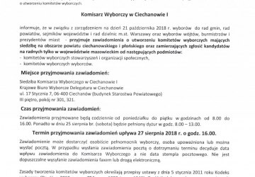 Komunikat Komisarza Wyborczego w Ciechanowie z dnia 14 sierpnia 2018 roku