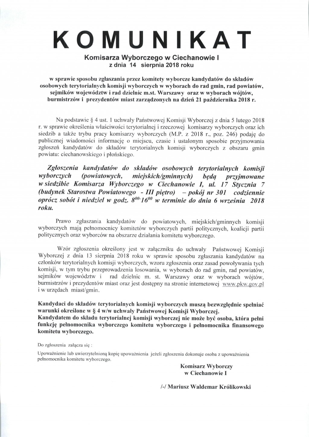 Komunikat Komisarza Wyborczego w Ciechanowie z dnia 14 sierpnia 2018 roku